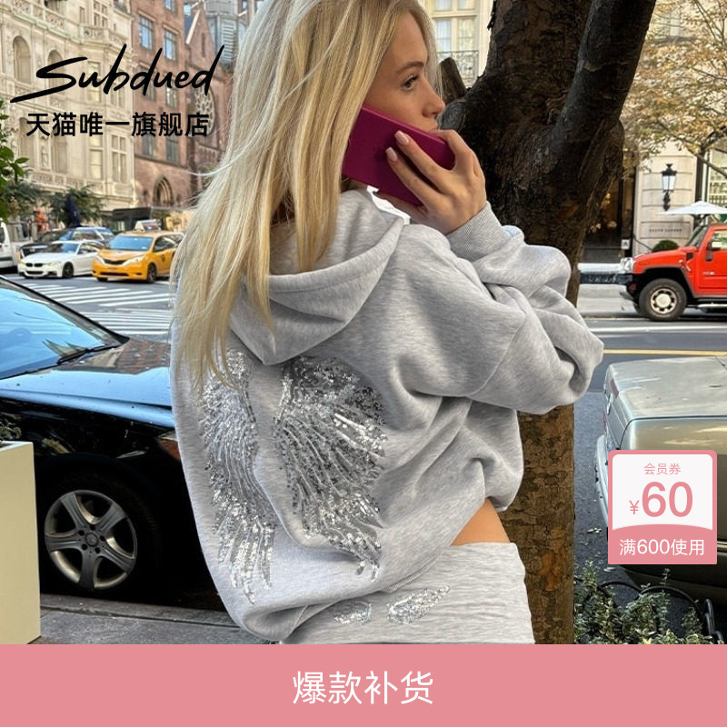 [Same Style as Ouyang Didi] Subdued Sweatshirt 26 Spring/Summer New Women's Clothing with Wing Sequin Patches Hoodie