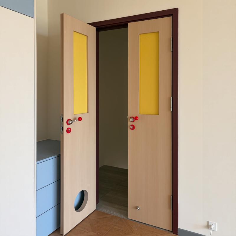 Bauhaus-Style Extremely Narrow Double-Door Glass Door with Cat Flap for Bedroom, Solid Wood Lacquered Door with Holes Bauhaus-Style Extremely Narrow Double-Door Glass Door with Cat Flap for Bedroom, Solid Wood Lacquered Door with Holes