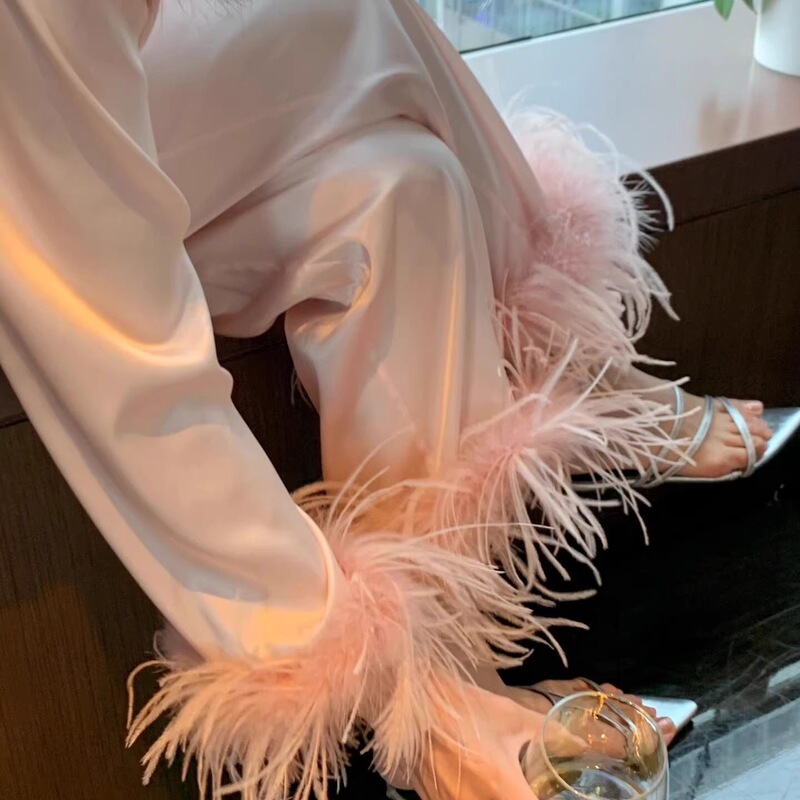 Spring and Summer High-End Silk Pajamas for Women with Feather Sleeves, Elegant Ostrich Feather Long-Sleeved Mulberry Silk Loungewear Set