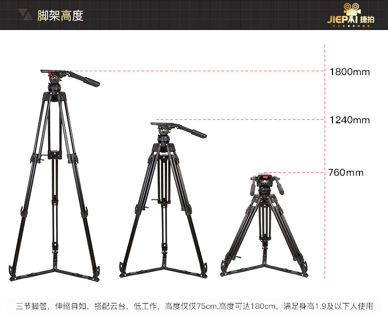 JP-1675L / JP-1675T Pro Tripod with 75mm Bowl 50KG Capacity for Heavy Camera Gea
