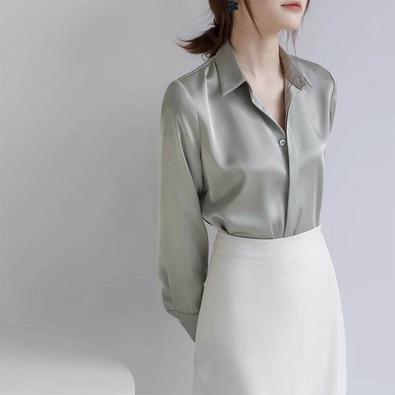 High-End Drapey Acetate Satin Shirt, Feminine and Elegant, Silky Drapey Long-Sleeved Top for Work, Spring and Autumn 2024 New Style High-End Drapey Acetate Satin Shirt, Feminine and Elegant, Silky Drapey Long-Sleeved Top for Work, Spring and Autumn 2024 New Style