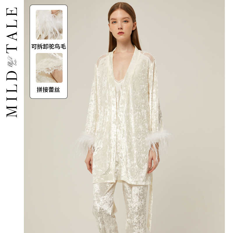Mildtale Gold Velvet Pajamas for Women Spring, Autumn and Winter 2026 New Sexy Suspender Ostrich Feather Nightgown Home Wear Mildtale Gold Velvet Pajamas for Women Spring, Autumn and Winter 2026 New Sexy Suspender Ostrich Feather Nightgown Home Wear