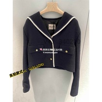 Peach Clothes Tweed Collar Button Jacket Single Row Jacket Navy