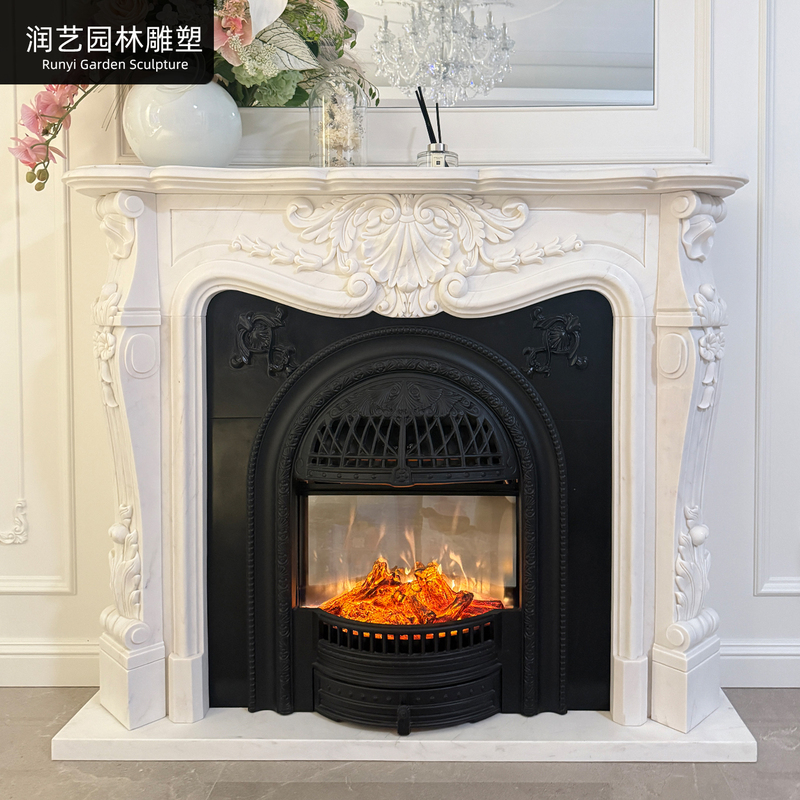 Marble Fireplace Natural White Marble French-Style Fireplace Villa Living Room Decorative Cabinet Ornaments Indoor Stone Carving Fireplace Stand