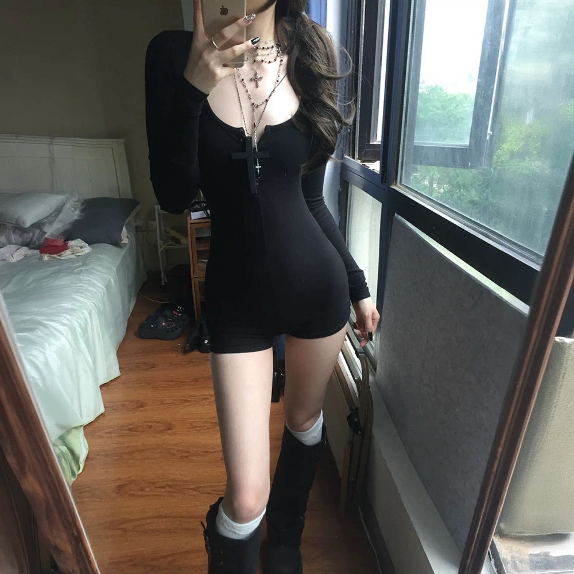 Sexy black long-sleeved jumpsuit for women, perfect for yoga, Pilates, and slimming short styles.