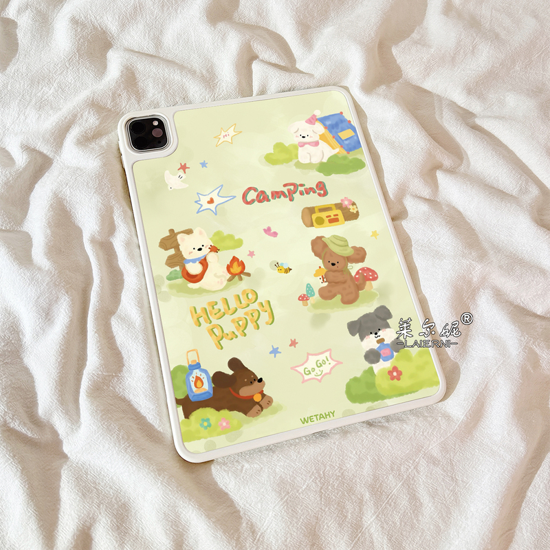 Cartoon Camping Puppy Ipad11 Protective Case 2026 New Model with Hidden 4 Pen Slots Air5/6 Tablet 10.2 Case Mini7 Transparent 10.9inch Anti-Bending Tenth Generation Pro Without 13 Cover for Women