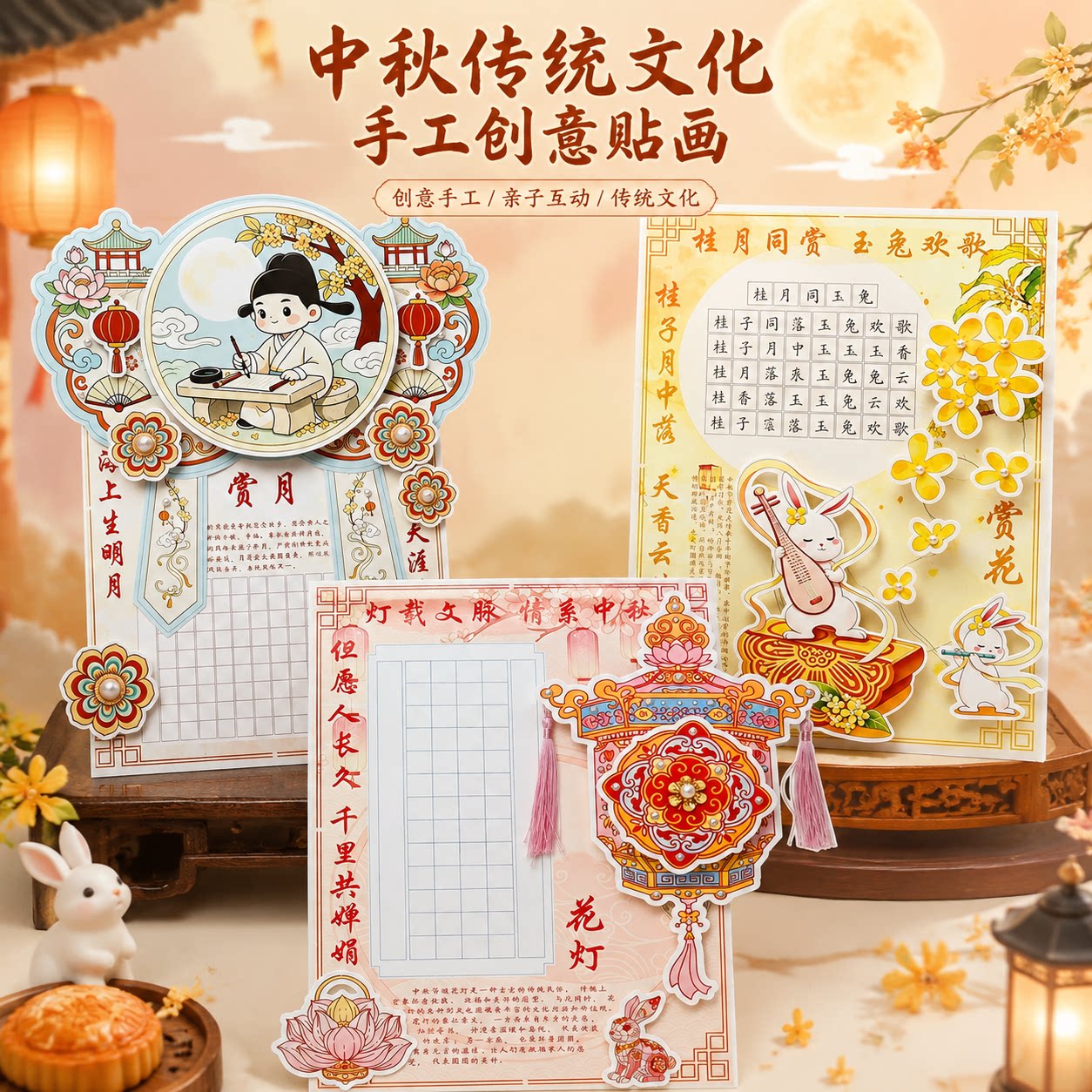中秋节手工diy立体书法摆件材料包学生手工制作作品暖场活动礼物