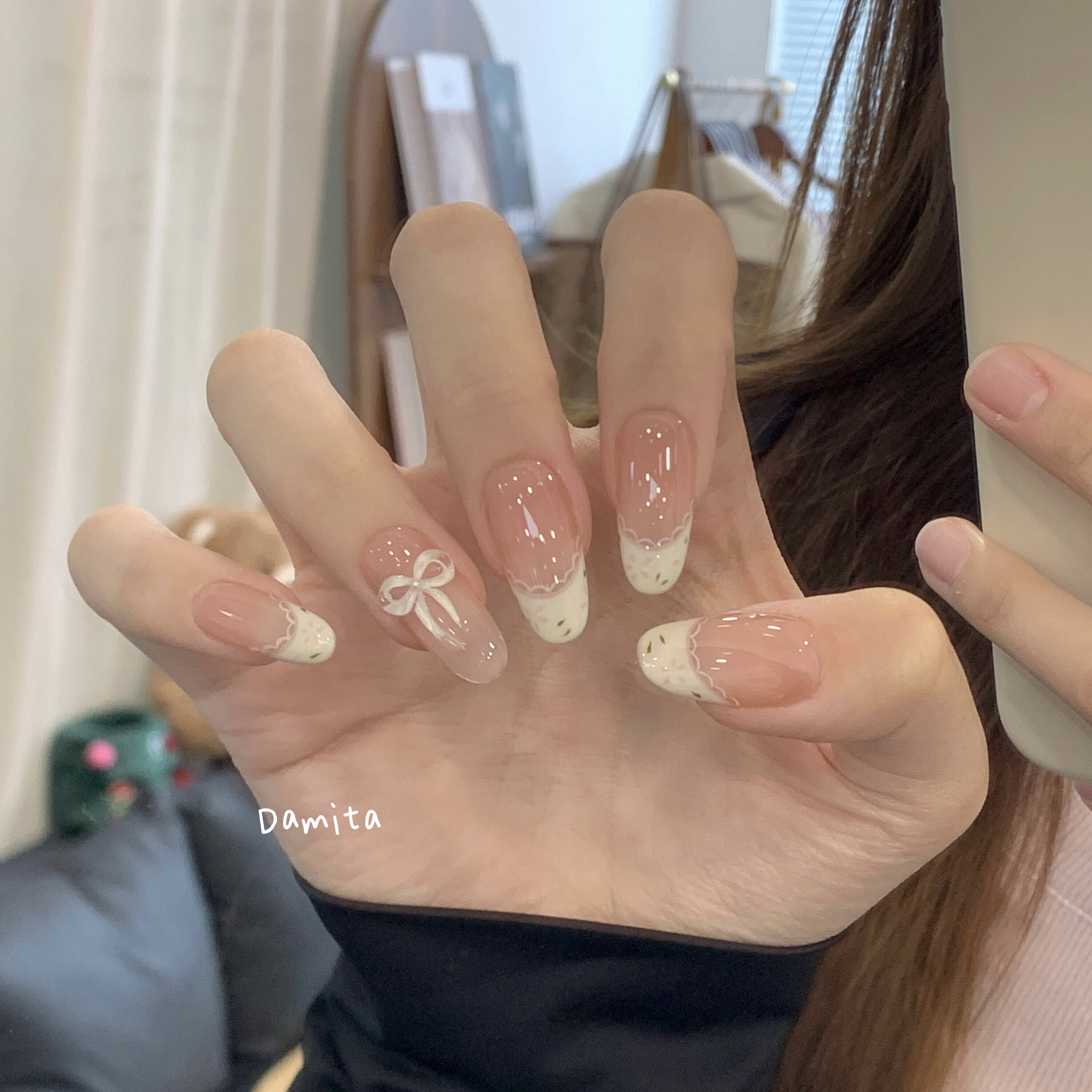 奶油碎花穿戴甲法式贴片温柔显白ins蝴蝶结可拆卸手工甲学生美甲