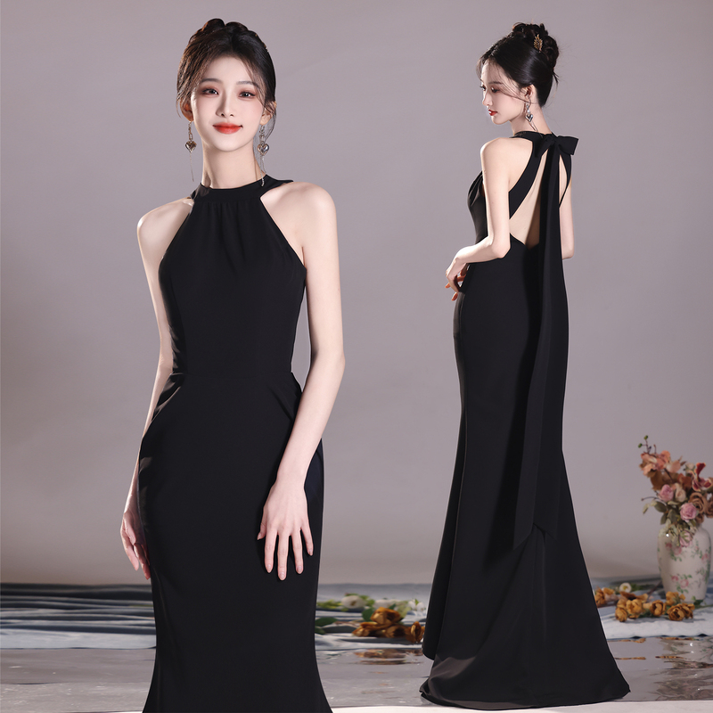 Black Halter Neck Evening Dress for Music Students, Piano Performances, Birthday Celebrations, Coming-Of-Age Ceremonies, Hostess, Car Shows, and Evening Events