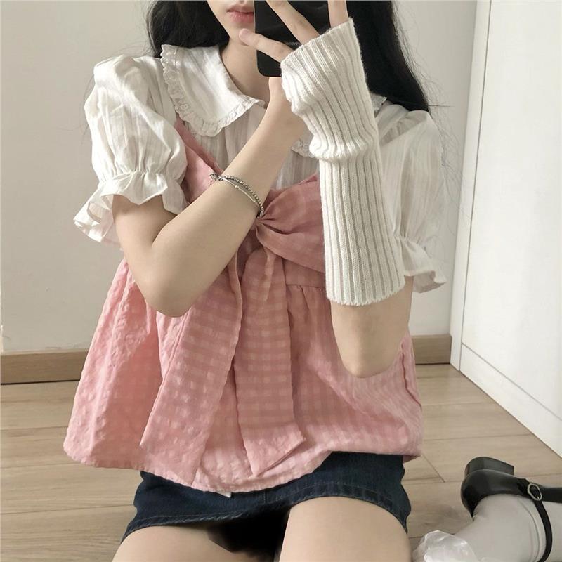 Strawberry Pink Super Slimming Plaid Lace-Up Tank Top + White Jk Shirt Cute Age-Reducing Two-Piece Set for Women