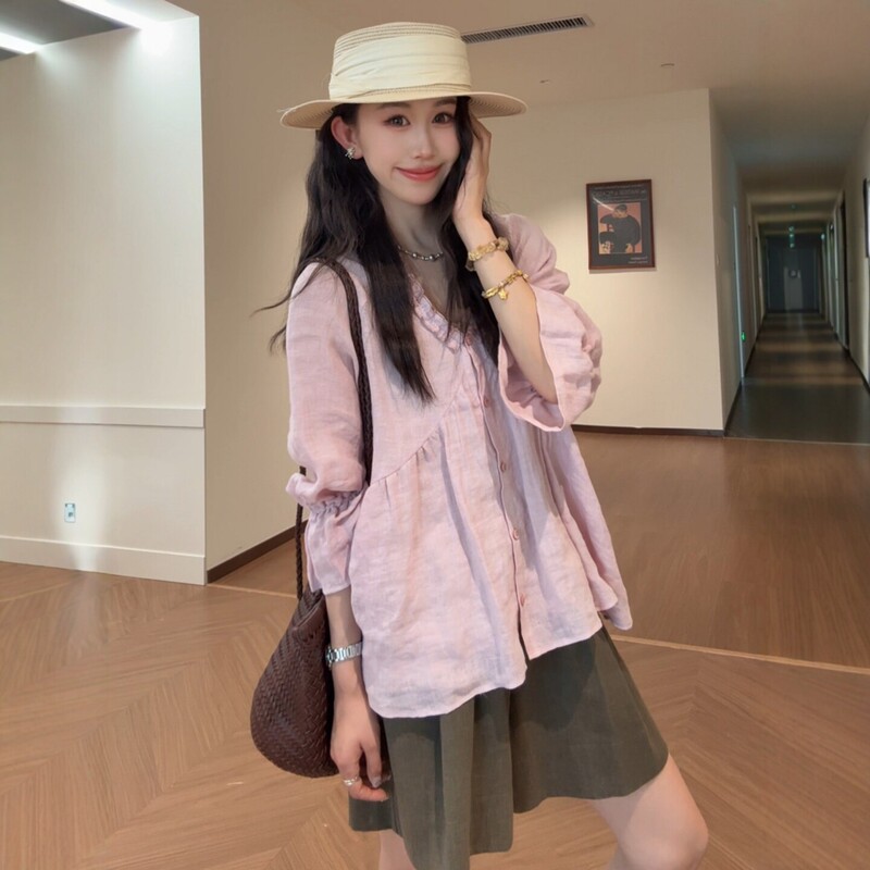 French-Style Ruffled V-Neck Pink Linen Sun-Protective Shirt for Women, Summer Slimming Blouse, Elegant and Beautiful Top
