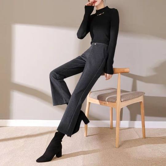 Pantalones de madrastra, pantalones de bota de lana ajustados de cintura alta, estilo pequeño, cálidos y versátiles, informales, de nueve puntos, nuevo estilo, 2025