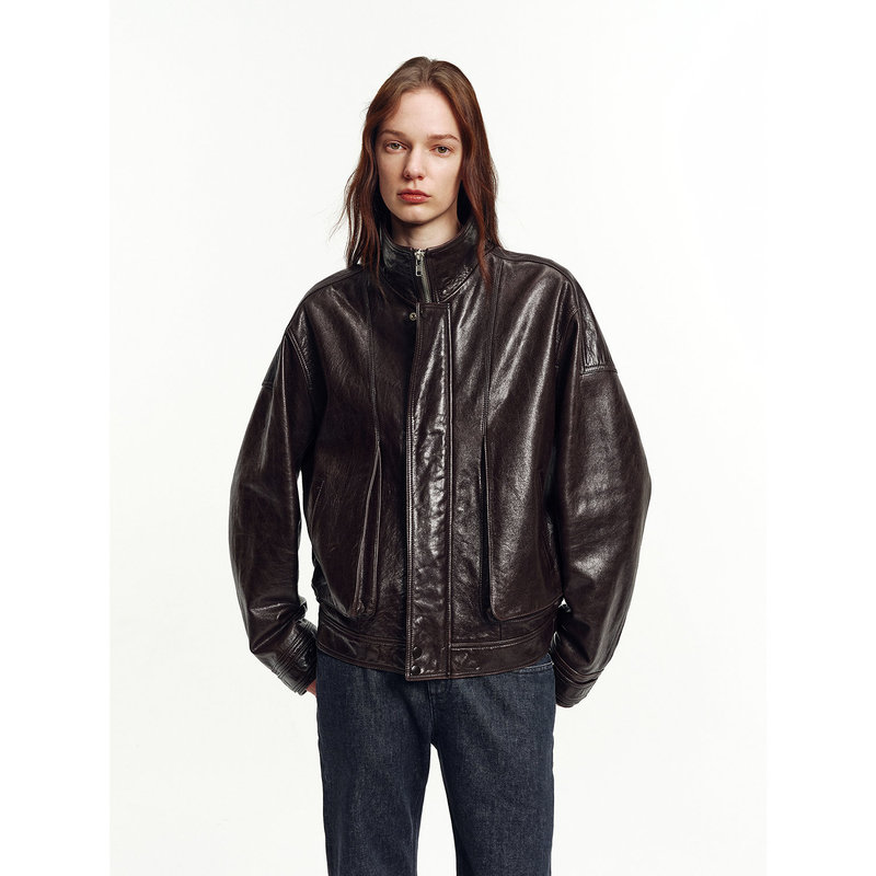 Fu Zhi'En Vintage Oil Wax Sheepskin Oversized Jacket Women's Stand Collar Genuine Leather Coat | Flight Notes Fu Zhi'En Vintage Oil Wax Sheepskin Oversized Jacket Women's Stand Collar Genuine Leather Coat | Flight Notes
