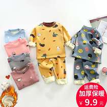Baby plus fleece suit pure cotton thickened childrens thermal underwear autumn and winter mens and womens autumn clothes and long pants baby clothes
