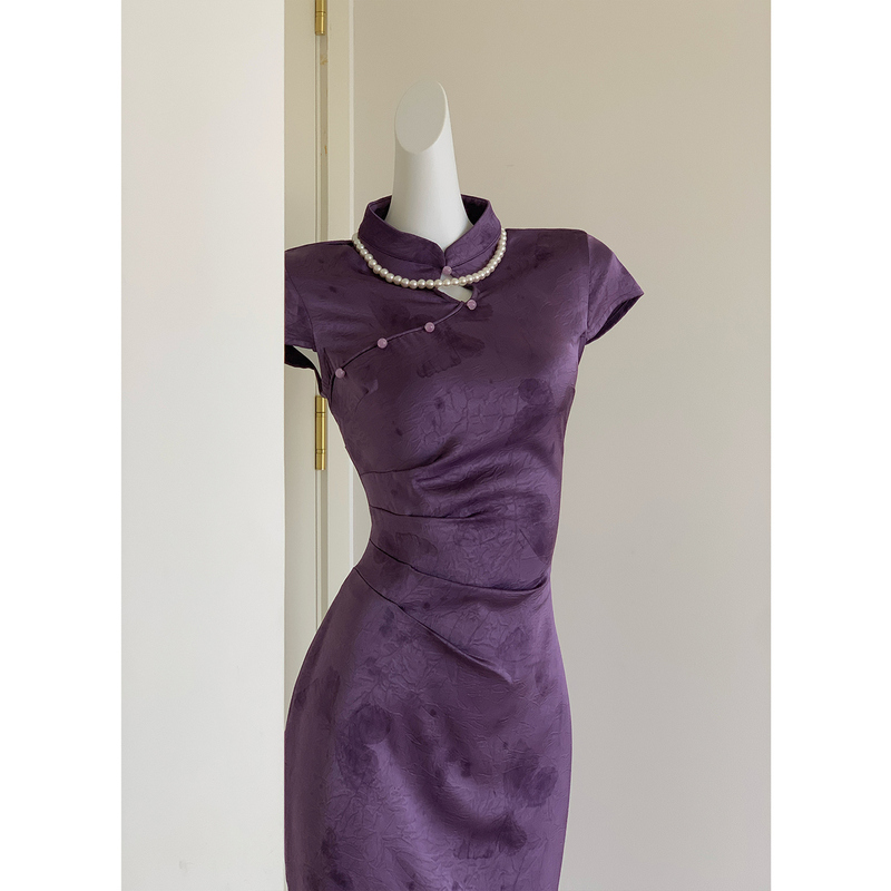 【Purple Grape】Chinese-Style Elegant Purple Modernized Cheongsam New Early Autumn Trendy Retro Dress 【Purple Grape】Chinese-Style Elegant Purple Modernized Cheongsam New Early Autumn Trendy Retro Dress