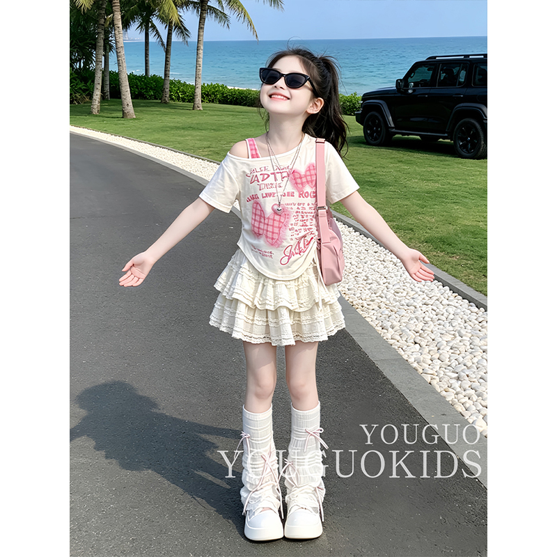 Girls' Dress Summer Outfit 2026 New Stylish Children's Fashionable One-Shoulder Short-Sleeve Set Girl's Summer Tiered Dress Girls' Dress Summer Outfit 2026 New Stylish Children's Fashionable One-Shoulder Short-Sleeve Set Girl's Summer Tiered Dress