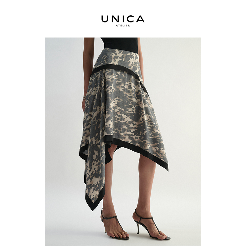 Unica Atelier Paris Line | Faded and Smudged Camouflage Leopard Print Linen Acetate Skirt Unica Atelier Paris Line | Faded and Smudged Camouflage Leopard Print Linen Acetate Skirt