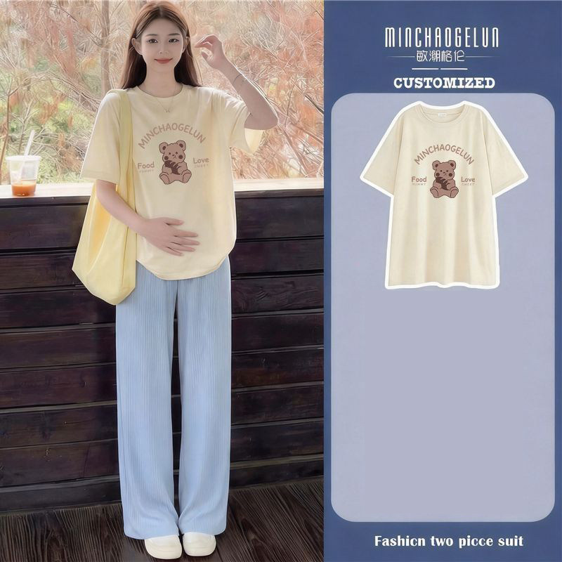 Maternity Suit for Summer Outings, Korean Style, Stylish Pure Cotton Short-Sleeved Top, Loose Casual Belly-Supporting Wide-Leg Pants Two-Piece Set — 7