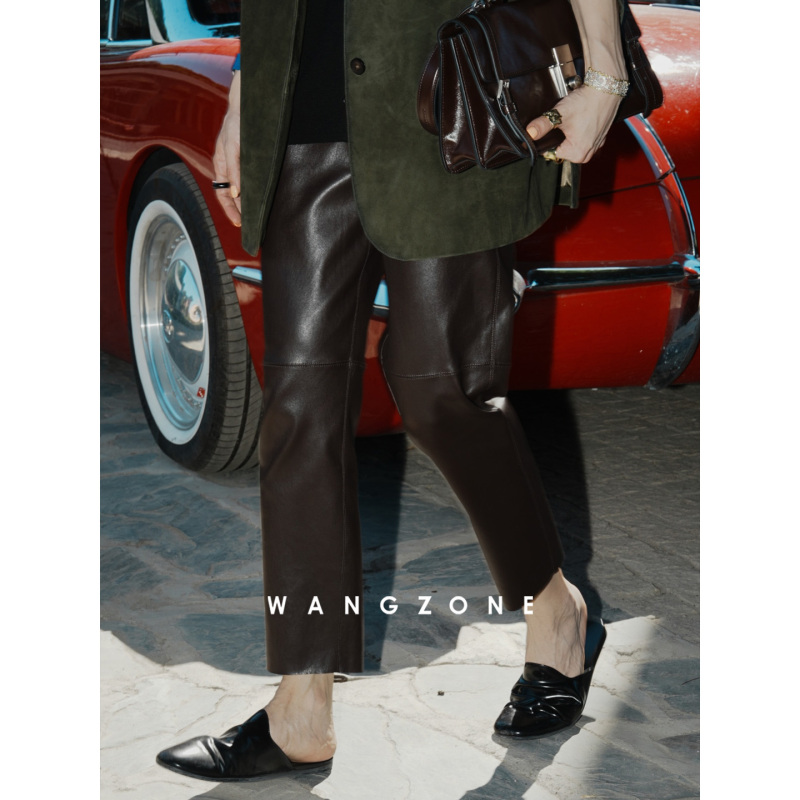 Wang Zone｜Elastic Thin Leather Pants Made from French Imported Sheepskin, Versatile Straight-Leg Leather Shorts Similar to Hermès