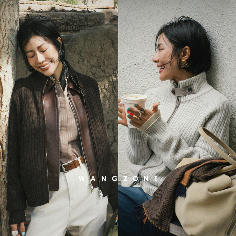 Wang Zone｜Italian-Style Old Money L*P Yarn 100 Fine-Spun Wool Roman Ribbed Patchwork Zipper Knit Jacket