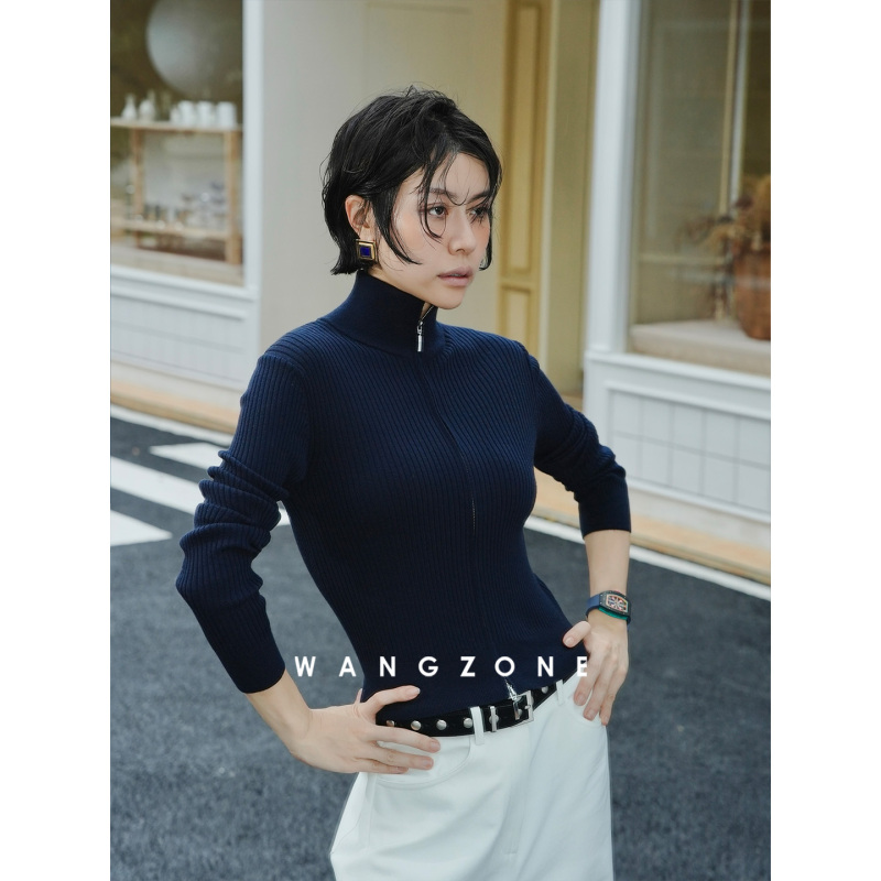Wang Zone｜100% Fine-Spun Merino Wool Old Money Style Stand-Up Collar Vertical Ribbed Zipper Knit Cardigan Jacket