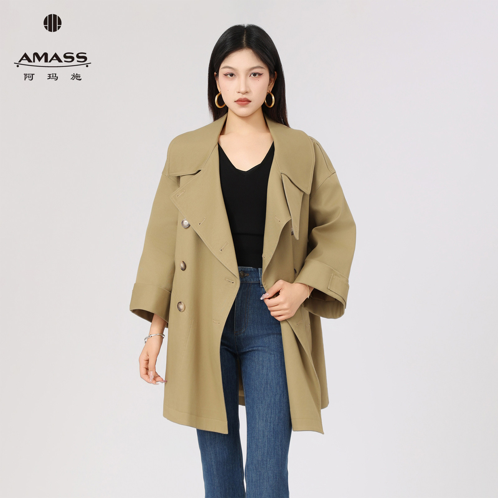 AMASS/阿玛施通勤气质百搭翻领双排扣宽松中长款风衣外套5400731=