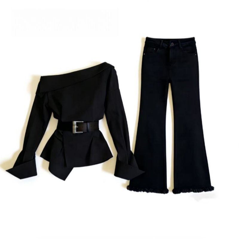 French Style Long-Sleeved Off-Shoulder Irregular Hem Cinched Waist Shirt for Women, New Summer Style, Unique Top with Belt French Style Long-Sleeved Off-Shoulder Irregular Hem Cinched Waist Shirt for Women, New Summer Style, Unique Top with Belt