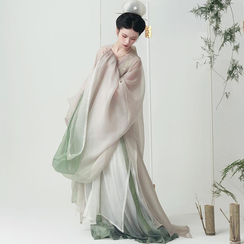 【Shangyaoju】Qingyin·Song Original Hanfu Women's Spring Embroidered Gradient Long Sleeve Shirt with Pleated Imitation Iron-Cane Long Robe