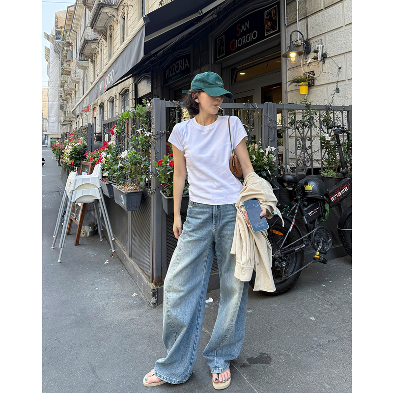 Yololite/'Puffy Pants' 26 Autumn New Vintage Cat Whisker Pattern Wide-Leg Straight Washed Denim Long Pants for Women Yololite/'Puffy Pants' 26 Autumn New Vintage Cat Whisker Pattern Wide-Leg Straight Washed Denim Long Pants for Women