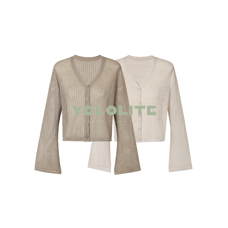 Yololite/'Dream Catcher' 4179 Spring/Summer Hollow V-Neck Flared Sleeve Long Sleeve Short Cardigan Knitwear for Women