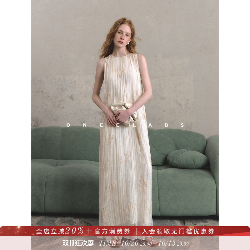 Oneelabs Original Brand, Beautiful and Elegant Stereo Embroidered Pleated Sleeveless Vest Dress, Elegant Evening Dress for Women