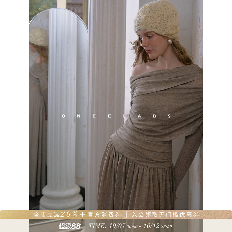 Oneelabs Original Brand Mulberry Silk/Blended Autumn French Knit Long-Sleeved Dress with Slanted Shoulders