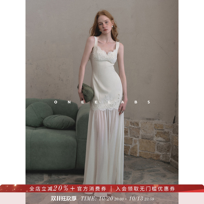 Oneelabs Original Brand French-Style Dress Heavy-Duty Linen Suspender Dress for Women Chiffon Splicing White Dress