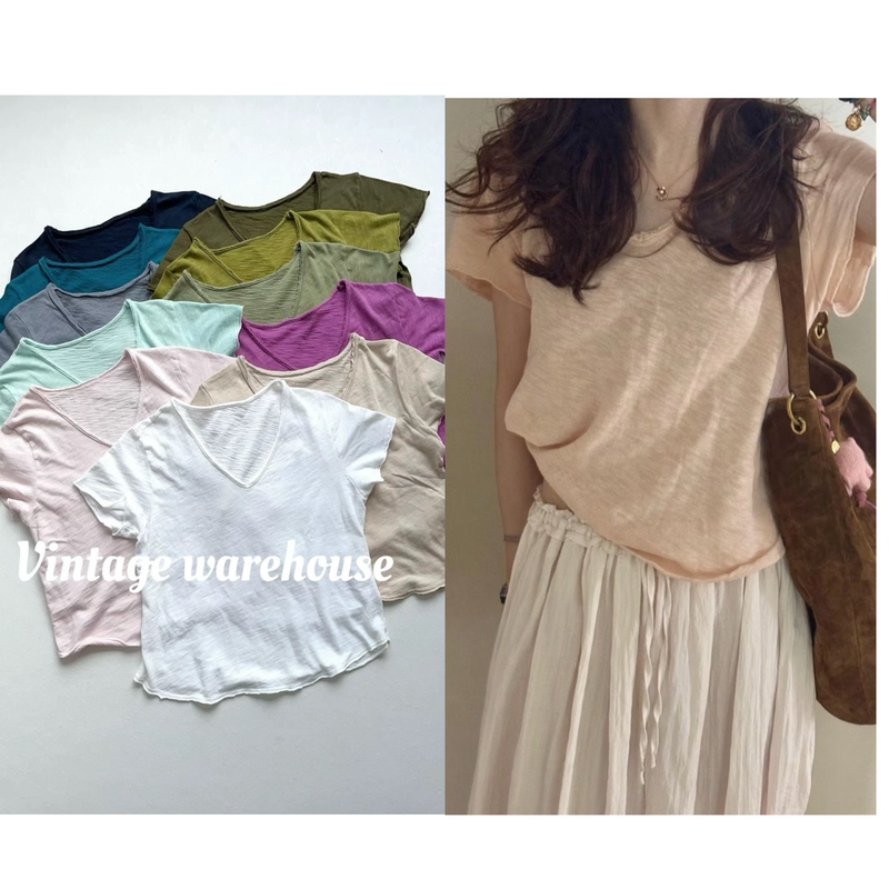 American Vintage V-Neck Sonoma Brushed Frayed Edge Distressed French Style Lazy Pure Cotton T-Shirt for Women