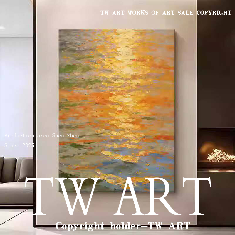 Tw Hand-Painted Oil Painting "Sunshine over the Sea of Gold" Modern Light Luxury Style Sunlit Sea Surface Atmosphere Decorative Painting at the End of the Entrance Hall Tw Hand-Painted Oil Painting "Sunshine over the Sea of Gold" Modern Light Luxury Style Sunlit Sea Surface Atmosphere Decorative Painting at the End of the Entrance Hall
