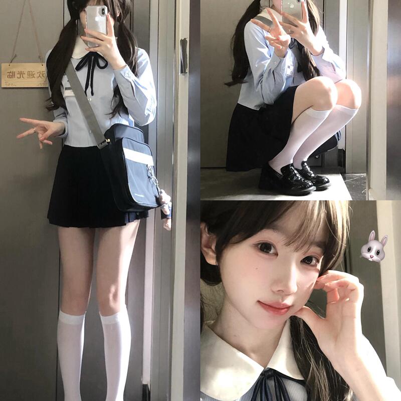 Japanese Jk Uniform Set Blue Striped Long-Sleeved Shirt for Women with Sailor Collar, School Style, Sweet Short Embroidered Shirt