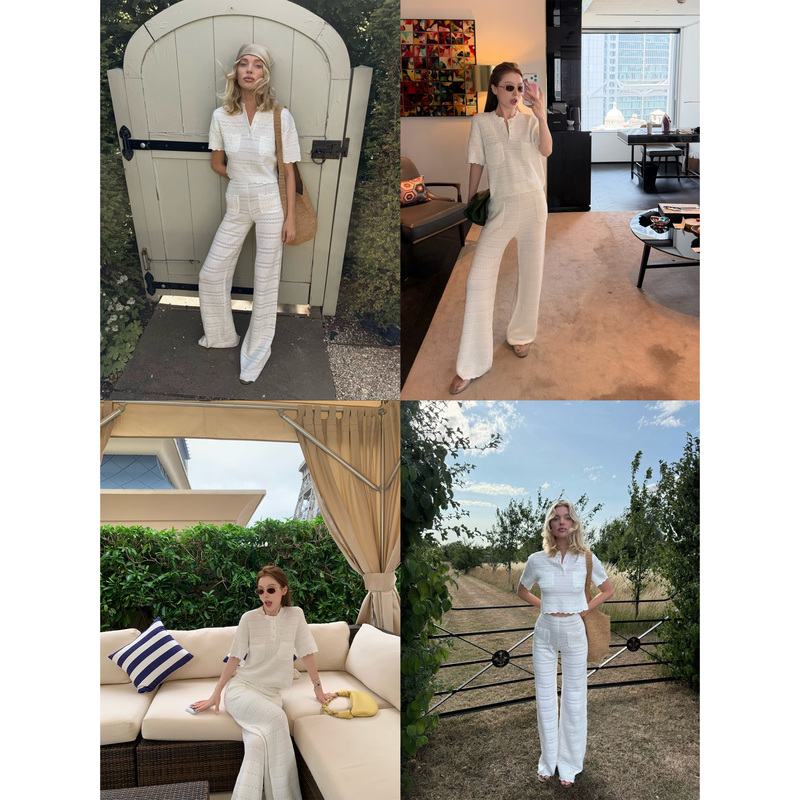 【Lin Qimai Vs】Southern French Vacation Style Crochet Hollow-Out Knit Short-Sleeve Top and Wide-Leg Casual Pants Two-Piece Set 【Lin Qimai Vs】Southern French Vacation Style Crochet Hollow-Out Knit Short-Sleeve Top and Wide-Leg Casual Pants Two-Piece Set