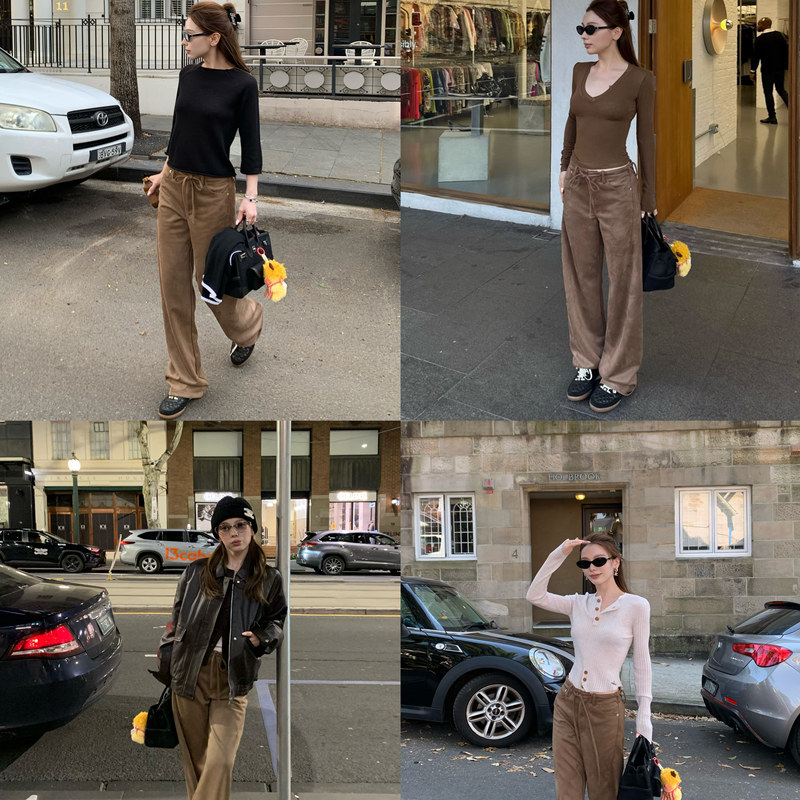 【Lin Qimai Vs】 "Mellard-Style Suede Pants, Brown Coffee Color, Lace-Up Scimitar Wide-Leg Pants for Women, Spring and Autumn Season