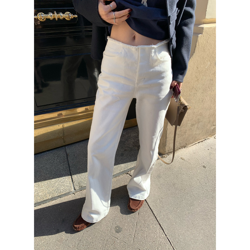【Lin Qimai Vs】White Frayed Hem Wide-Leg Jeans for Women, Straight-Leg Fleece-Lined Long Pants, Atmospheric White Pants