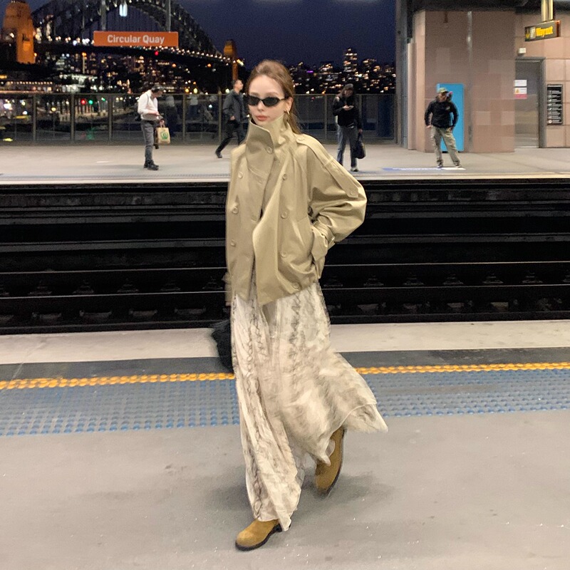 Lin Qimai Vs Ace* Barn Style Khaki Stand-Up Collar Double-Breasted Spring and Autumn High-End Women's Jacket