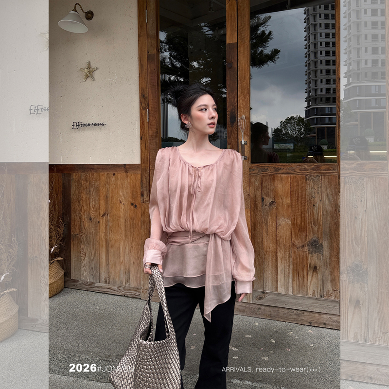 Jiang Wen's'Coral Sea' French Romantic Waist-Cinching Long-Sleeved Chiffon Shirt for Women with Lace-Up Ruffle Top 2026 New Style