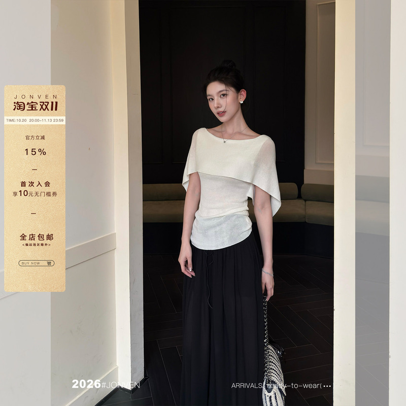 Jiang Wen's'Smoothie Tee' Minimalist Shawl Off-Shoulder Knit Top, Elegant Cape-Style Faux Two-Piece Short-Sleeve T-Shirt