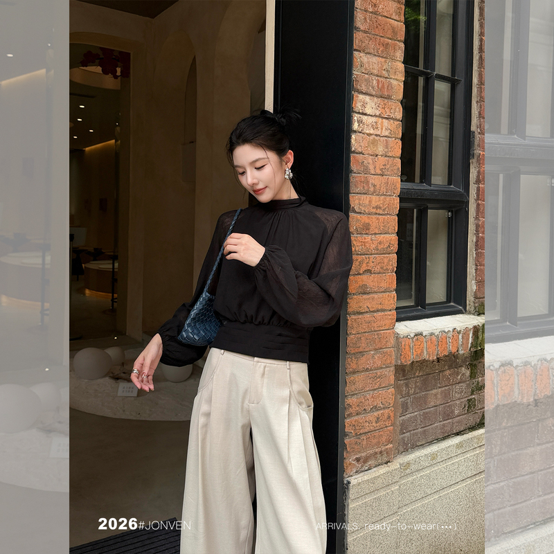 Jiang Wen's'Black Swan' French-Style Modal Black Stand-Up Collar Mesh Sheer Shirt for Women, Suitable for Daily Wear and Commuting Jiang Wen's'Black Swan' French-Style Modal Black Stand-Up Collar Mesh Sheer Shirt for Women, Suitable for Daily Wear and Commuting