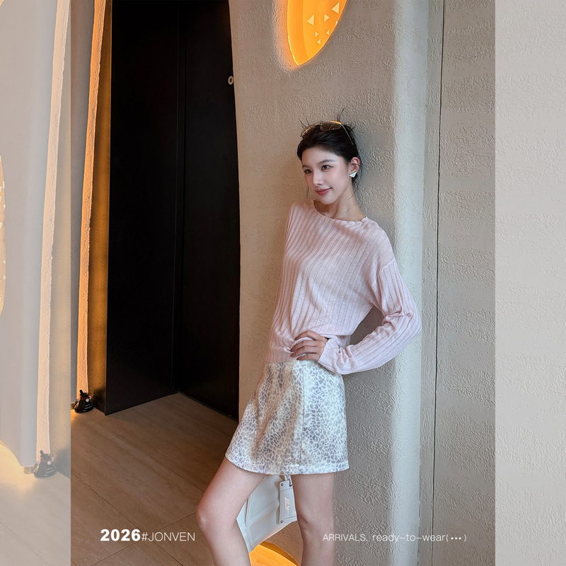 Jiang Wen's'Melody' Lazy Style Vertical Striped Pink Crew Neck Knit Top Women's Long-Sleeve Linen Blouse Summer and Autumn