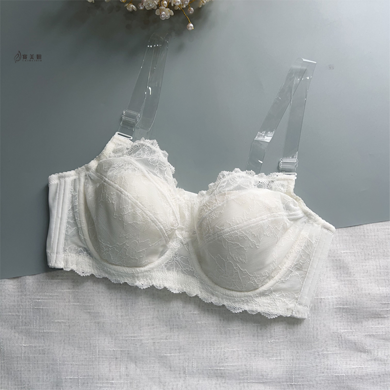 White Summer Thin Bra for Large Busts, Minimizing Appearance, Lifting and Preventing Sagging, Gathering Side Breasts, Transparent Invisible Straps, Mango Cup Bra
