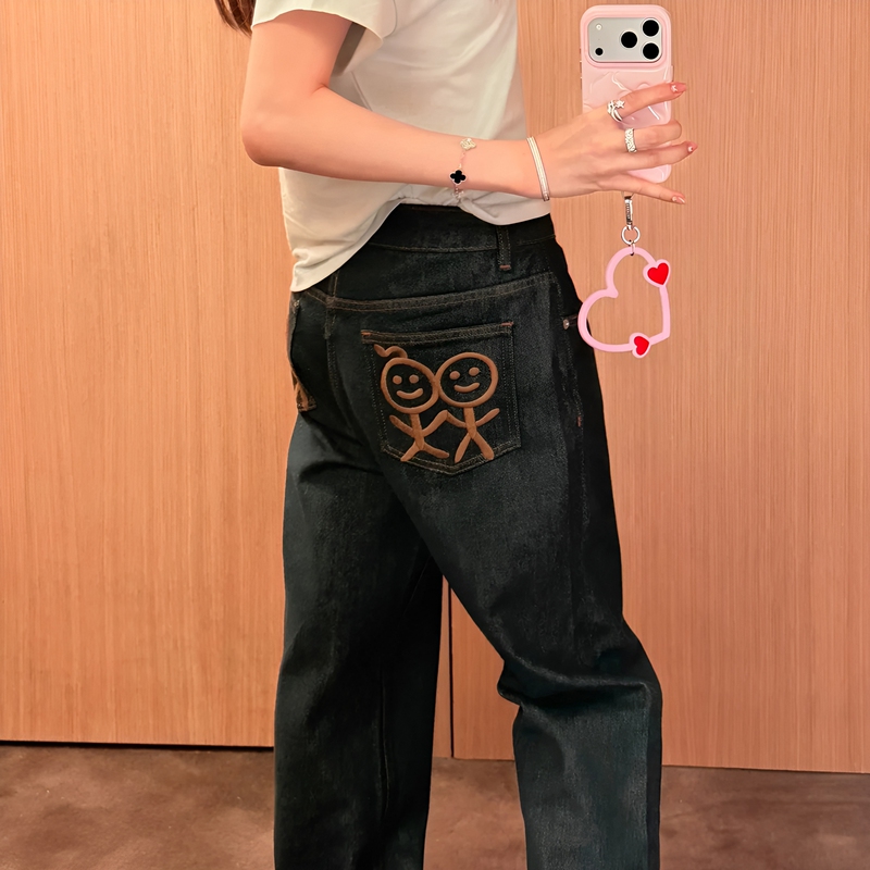 Urban Stickman Pants with Pocket Embroidery, Straight-Leg Jeans with Drape, Floor-Length Casual Trousers Urban Stickman Pants with Pocket Embroidery, Straight-Leg Jeans with Drape, Floor-Length Casual Trousers