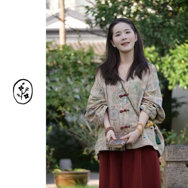 [Flower Garden Intention·Improved Hanfu] Yuqing 26 Autumn New Collection 100% Cotton Printed V-Neck Artistic Retro Jacket
