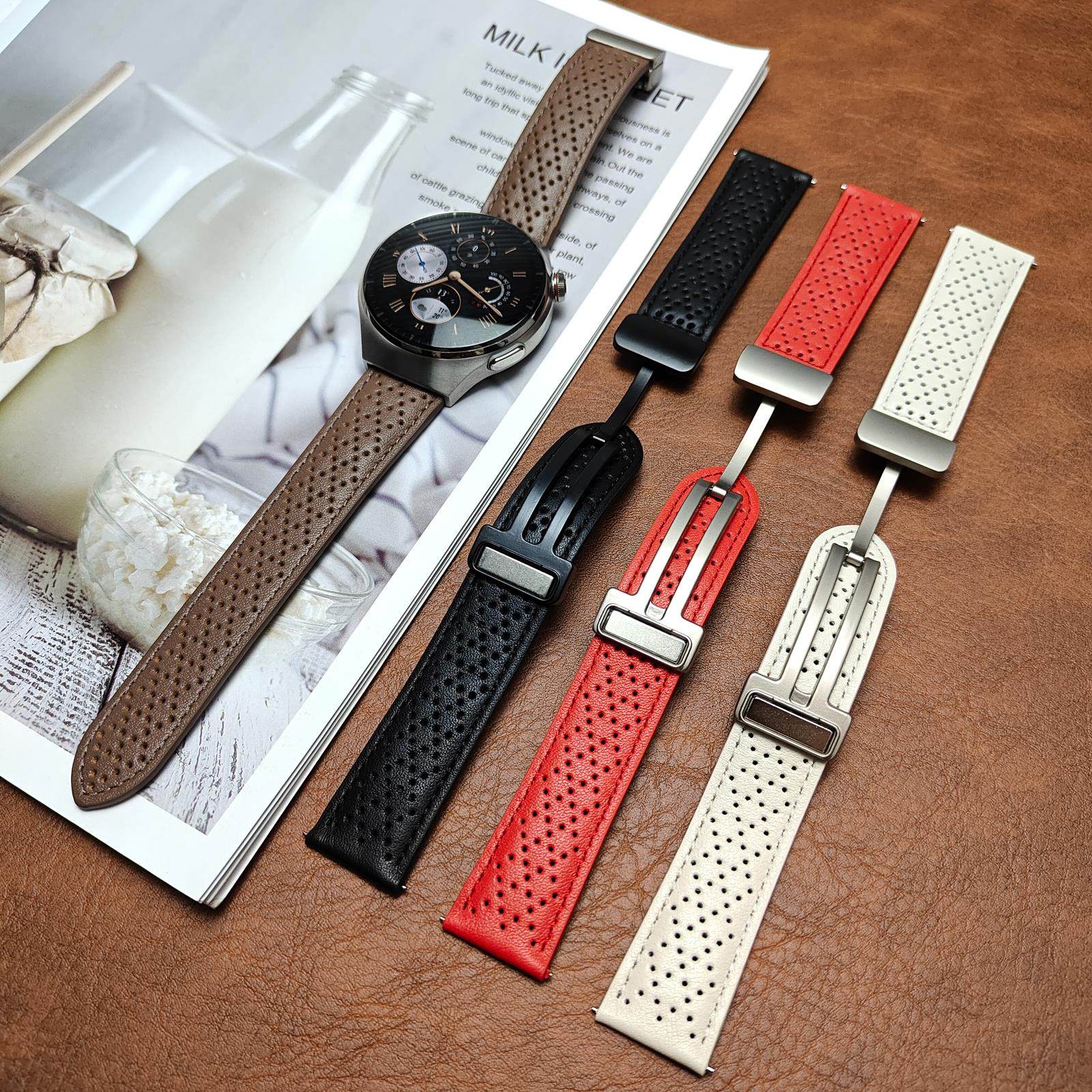 Suitable for Huawei Watch4Pro Watch Strap, Genuine Leather Gt6Gt5Pro Breathable Belt, Magnetic New Model Gt4Gt3 Wristband