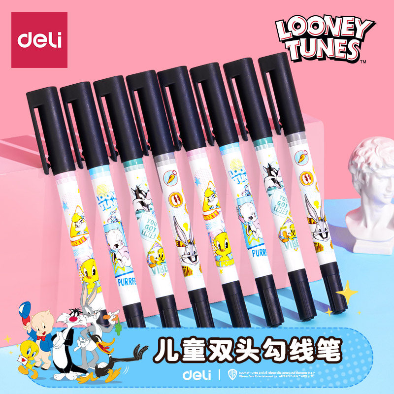 得力小双头记号笔勾线笔美术专用小学生黑色油性细头马克儿童绘画幼儿园描边速干防水防油不掉色两头工地大头