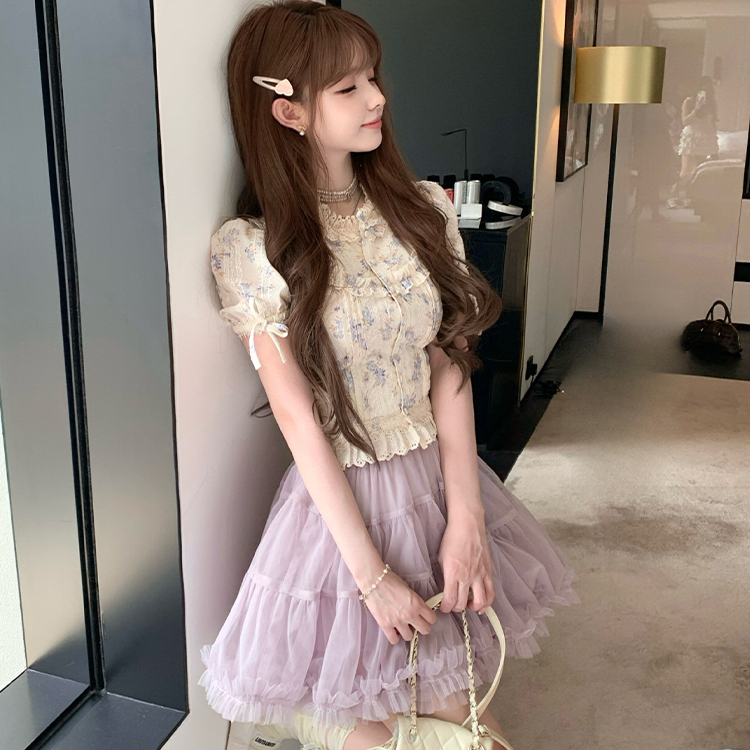 French Retro Floral Lace Bow Embroidered Top for Women High-Waisted Princess Purple Mesh A-Line Skirt Suit